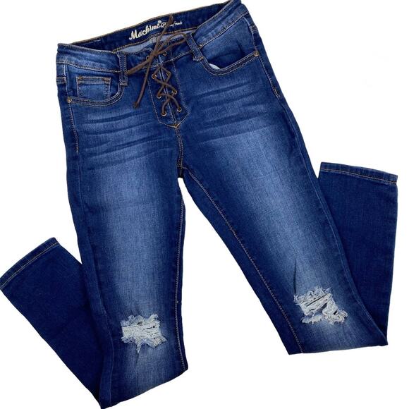 Machine Nouvelle Mode Distressed Jeans Blue Skinny Juniors sz 3 Lace Up Fly - Picture 12 of 12